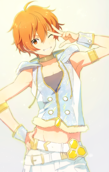 Anime picture 509x802 with idolmaster idolmaster side-m aoi yuusuke map (map imas) single tall image looking at viewer fringe short hair simple background hair between eyes ahoge one eye closed wink orange hair midriff orange eyes hand on hip victory boy