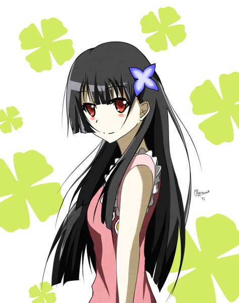 Anime picture 1100x1391 with sankarea studio deen sanka rea ollycrescent single long hair tall image looking at viewer blush black hair red eyes white background bare shoulders hair flower girl dress hair ornament