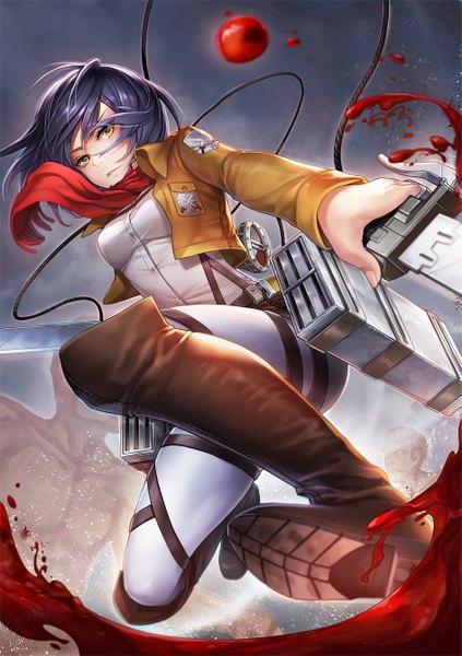 Anime picture 945x1340 with shingeki no kyojin production i.g mikasa ackerman j.lili single tall image short hair black hair holding yellow eyes open clothes open jacket dual wielding girl weapon sword jacket boots scarf blood