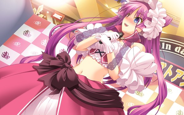 Anime picture 1920x1200 with chu x chu idol chuno churam akifumi ozawa long hair blush highres open mouth wide image twintails game cg purple hair teeth midriff fang (fangs) heterochromia girl dress gloves bow headdress