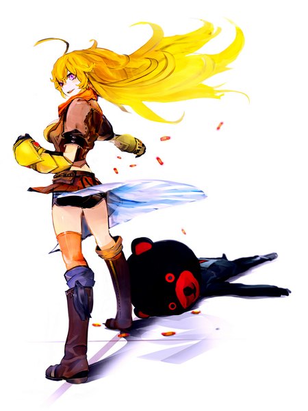 Anime picture 800x1066 with rwby rooster teeth yang xiao long so-bin long hair tall image open mouth simple background blonde hair smile standing white background purple eyes ahoge lying shadow girl gloves shorts short shorts