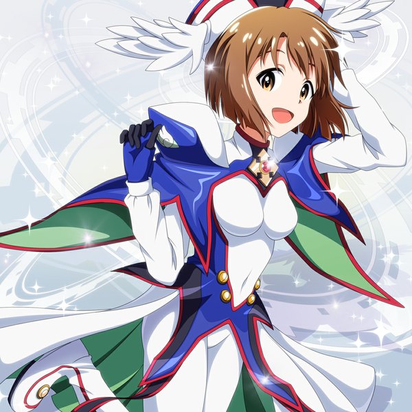 Anime picture 1000x1000 with idolmaster hagiwara yukiho kouchou single short hair open mouth smile brown hair brown eyes bent knee (knees) girl dress gloves white gloves headdress brooch