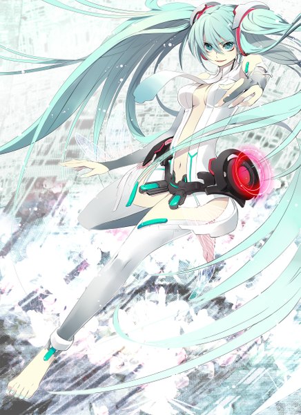 Anime picture 1802x2480 with vocaloid vocaloid append hatsune miku hatsune miku (append) tall image highres twintails very long hair barefoot green hair girl