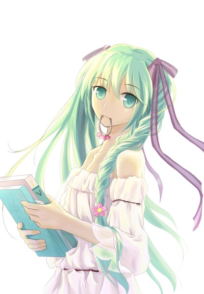 Anime picture 1000x1440 with vocaloid hatsune miku scarlet moon long hair tall image simple background white background green eyes braid (braids) looking back green hair girl ribbon (ribbons) hair ribbon