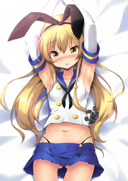 Anime picture 793x1122 with kantai collection shimakaze destroyer mikawaya single long hair tall image looking at viewer blush light erotic blonde hair yellow eyes armpit (armpits) girl skirt gloves navel bow hair bow miniskirt elbow gloves