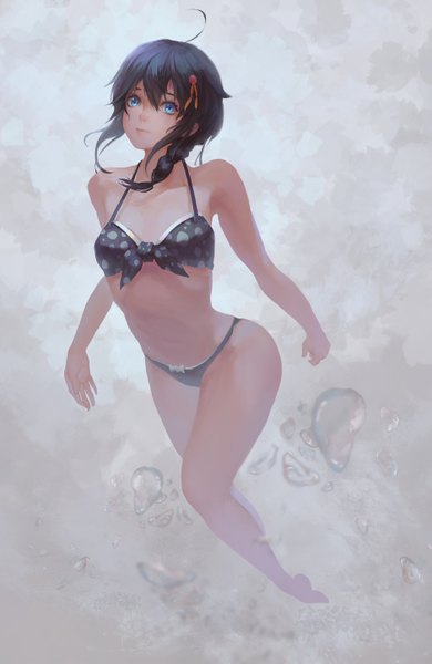 Anime picture 1877x2882 with kantai collection shigure destroyer neko-mura ikkro single long hair tall image looking at viewer highres blue eyes light erotic black hair bare shoulders ahoge bent knee (knees) braid (braids) barefoot bare belly bare legs no shoes underwear only
