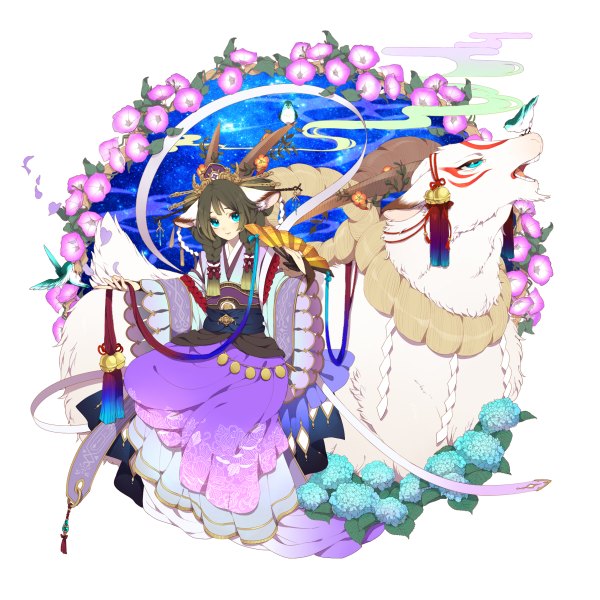 Anime picture 1200x1200 with original pixiv fantasia ni02 (asahi nini) long hair looking at viewer blue eyes black hair simple background white background animal ears braid (braids) traditional clothes japanese clothes horn (horns) girl hair ornament flower (flowers) animal kimono bird (birds)