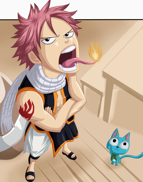 Anime picture 1024x1299 with fairy tail natsu dragneel happy (fairy tail) lorse77 tall image short hair open mouth pink hair from above black eyes coloring magic crossed arms muscle boy animal tongue scarf cat table
