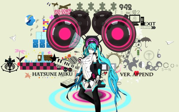 Anime picture 1600x1000 with vocaloid vocaloid append hatsune miku hatsune miku (append) long hair wide image twintails green eyes green hair girl thighhighs detached sleeves speakers