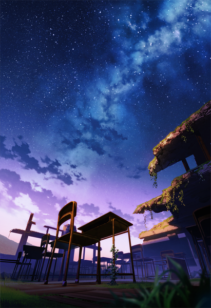 Anime picture 685x1000 with original mocha (cotton) tall image cloud (clouds) outdoors night night sky no people scenic ruins constellation milky way plant (plants) star (stars) grass chair desk vines