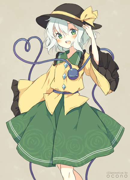 Anime picture 604x836 with touhou komeiji koishi okono single tall image looking at viewer blush fringe short hair open mouth simple background hair between eyes green eyes signed white hair :d wide sleeves adjusting hat brown background heart of string
