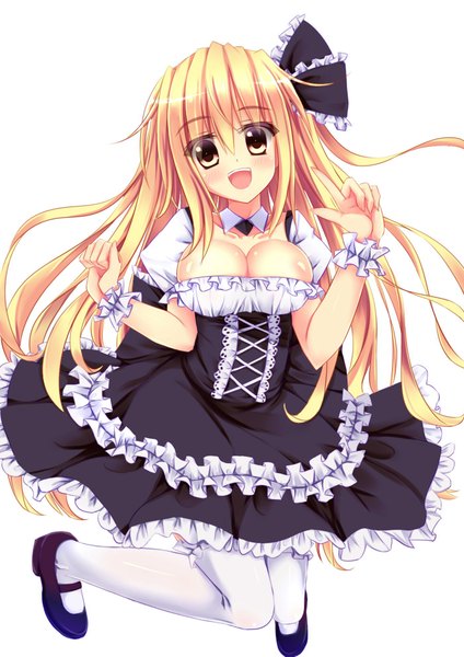 Anime picture 1400x1979 with original angel koman single long hair tall image looking at viewer blush breasts open mouth light erotic blonde hair large breasts brown eyes girl thighhighs dress bow hair bow white thighhighs frills