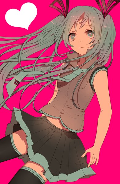 Anime picture 1959x3000 with vocaloid freely tomorrow (vocaloid) hatsune miku koko (kotobutyann) single long hair tall image highres simple background twintails aqua eyes wind aqua hair sleeveless pink background girl thighhighs ribbon (ribbons) black thighhighs hair ribbon