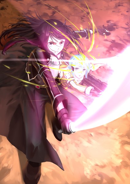 Anime picture 2480x3507 with sword art online a-1 pictures kirigaya kazuto asada shino ccjn long hair tall image fringe highres short hair purple eyes holding purple hair bent knee (knees) from above grey eyes fighting stance otoko no ko clenched teeth girl