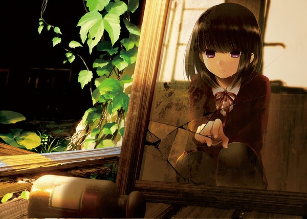 Anime picture 1184x846 with original ainili (artist) single short hair black hair sitting purple eyes tears reflection girl plant (plants) mirror