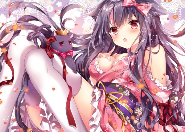 Anime picture 1000x715 with original nogi takayoshi single long hair looking at viewer blush fringe breasts open mouth light erotic hair between eyes red eyes large breasts bare shoulders animal ears purple hair bent knee (knees) very long hair traditional clothes japanese clothes