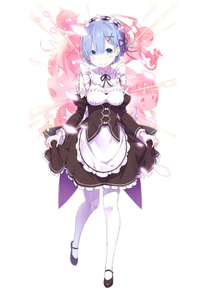 Anime picture 2000x2858 with re:zero kara hajimeru isekai seikatsu white fox rem (re:zero) ootsuka shin'ichirou single tall image looking at viewer blush fringe highres short hair blue eyes simple background smile hair between eyes white background blue hair full body official art maid