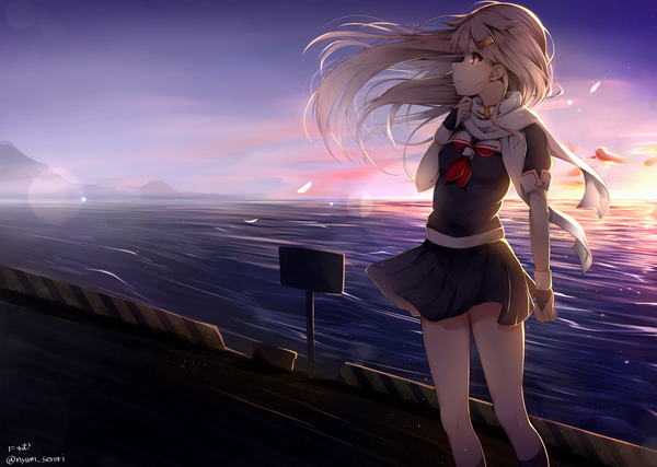 Anime picture 4175x2976 with kantai collection yuudachi destroyer nyum single long hair fringe highres blonde hair red eyes looking away absurdres sky profile wind evening sunset horizon remodel (kantai collection) girl uniform