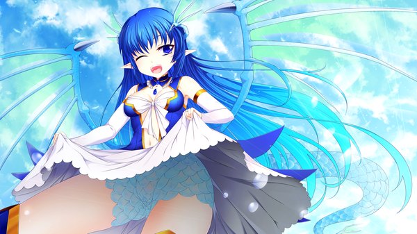 Anime picture 3200x1800 with gonzo zettai bouei leviathan leviathan (zettai bouei leviathan) urepito honke single long hair highres open mouth blue eyes light erotic wide image blue hair one eye closed pointy ears wink dress lift girl detached sleeves wings