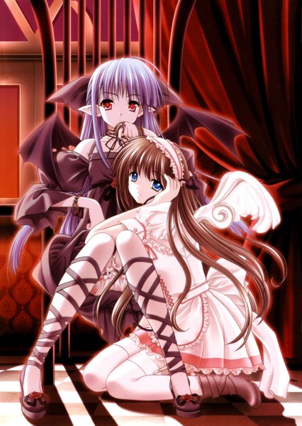 Anime picture 4763x6706 with shuffle! lisianthus nerine suzuhira hiro nishimata aoi long hair tall image looking at viewer highres blue eyes red eyes brown hair sitting bare shoulders multiple girls blue hair absurdres pointy ears checkered floor lolita fashion