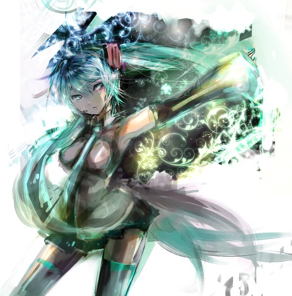 Anime picture 1453x1476 with vocaloid hatsune miku zigemu single long hair tall image twintails aqua hair girl thighhighs skirt detached sleeves necktie