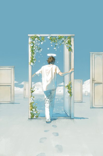 Anime picture 1029x1555 with original re (artist) single tall image short hair brown hair cloud (clouds) from behind walking footprints boy flower (flowers) petals halo t-shirt door