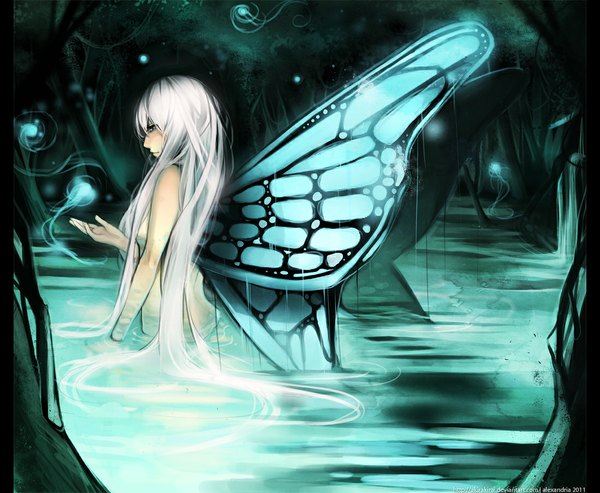 Anime picture 1100x905 with akirakirai (artist) single long hair light erotic standing white hair aqua eyes nude insect wings butterfly wings girl plant (plants) wings tree (trees) water forest swamp