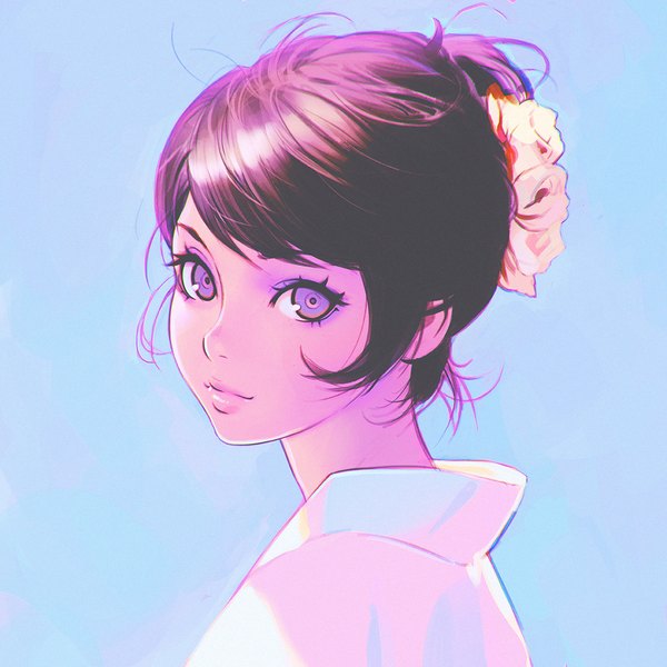 Anime picture 1080x1080 with original ilya kuvshinov single looking at viewer fringe short hair simple background smile brown hair purple eyes payot upper body ahoge traditional clothes japanese clothes looking back hair flower lips hair bun (hair buns) lipstick