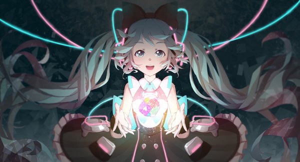 Anime picture 1680x908 with vocaloid magical mirai (vocaloid) hatsune miku magical mirai miku magical mirai miku (2016) lengchan (fu626878068) single looking at viewer open mouth wide image twintails very long hair aqua eyes aqua hair sleeveless girl dress bow hair bow wire (wires)