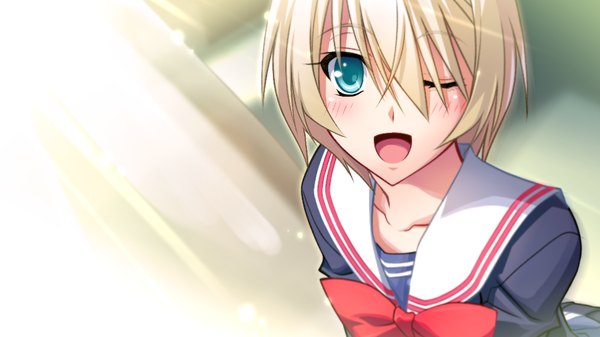 Anime picture 1024x576 with zero infinity blush short hair open mouth blue eyes wide image game cg white hair one eye closed wink girl uniform school uniform
