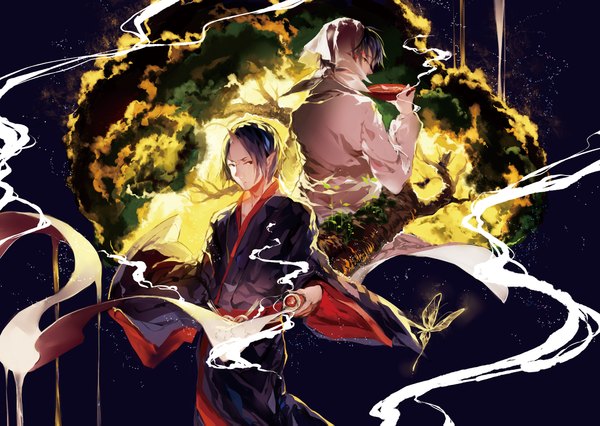 Anime picture 2362x1679 with hoozuki no reitetsu wit studio hoozuki (hoozuki no reitetsu) hakutaku (hoozuki no reitetsu) highres short hair brown eyes yellow eyes blue hair traditional clothes japanese clothes profile looking back horn (horns) pointy ears multiple boys light smoke back to back boy