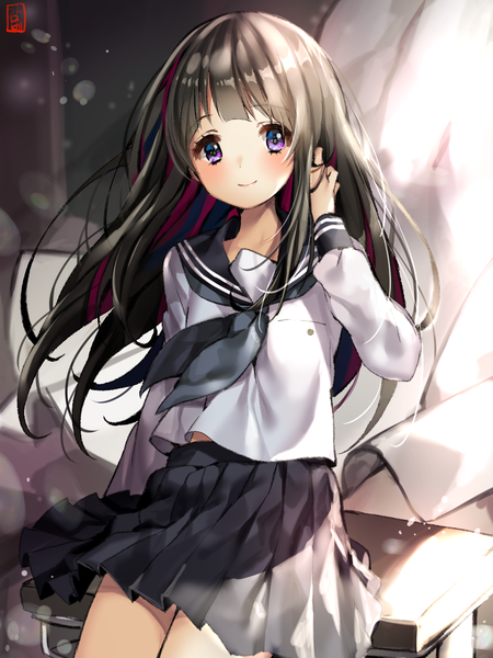 Anime picture 1000x1333 with hyouka kyoto animation chitanda eru gambe single long hair tall image looking at viewer blush fringe black hair smile sitting purple eyes pink hair indoors blunt bangs pleated skirt multicolored hair wind