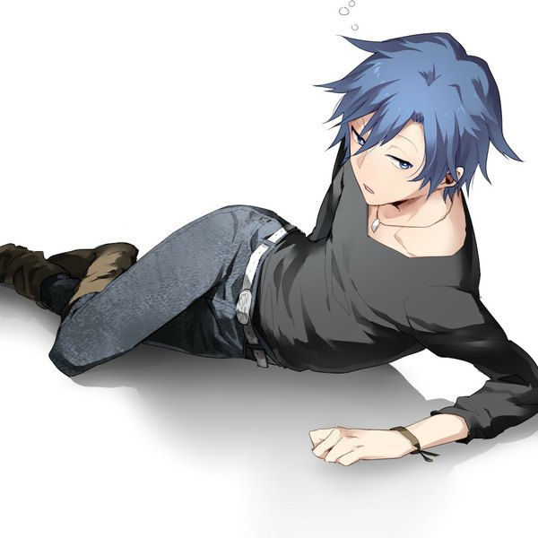 Anime picture 1050x1050 with original inooka single short hair open mouth blue eyes simple background white background blue hair shadow reclining boy bracelet belt pendant thigh boots jewelry