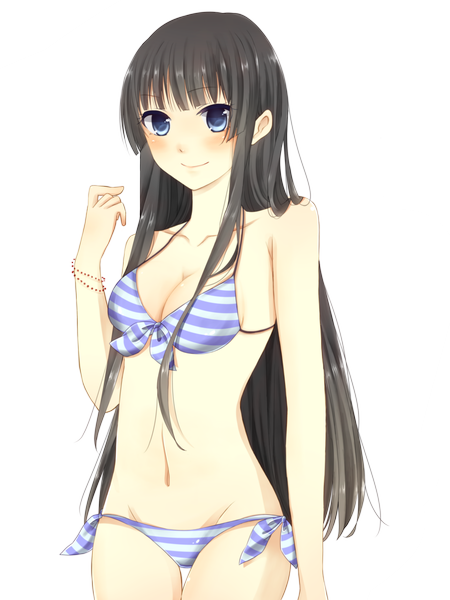 Anime picture 2448x3264 with k-on! kyoto animation akiyama mio single long hair tall image looking at viewer blush highres blue eyes light erotic black hair simple background smile white background girl navel swimsuit bikini