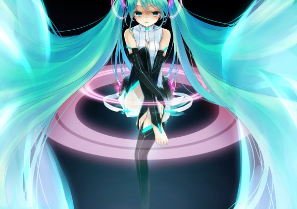Anime picture 2480x1748 with vocaloid vocaloid append hatsune miku hatsune miku (append) highres twintails green eyes barefoot green hair girl detached sleeves headphones