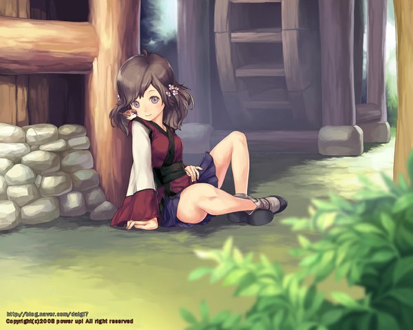 Anime picture 1000x799 with original comet (teamon) single long hair looking at viewer brown hair brown eyes traditional clothes girl skirt miniskirt animal bird (birds)