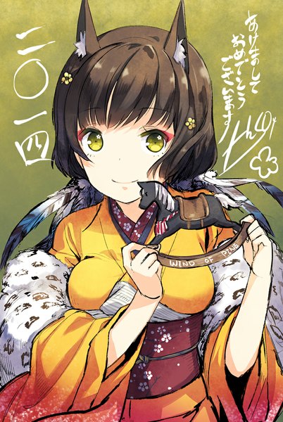 Anime picture 720x1073 with original h2so4 single tall image looking at viewer short hair black hair smile green eyes traditional clothes japanese clothes new year 2014 girl kimono obi