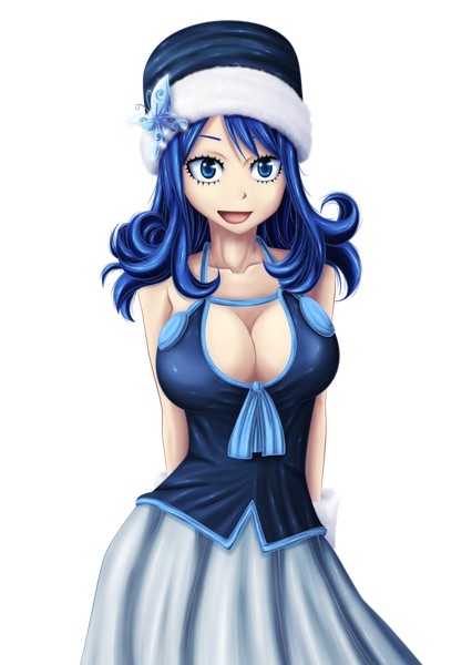 Anime picture 2055x2895 with fairy tail juvia lockser ornav single long hair tall image looking at viewer highres breasts open mouth blue eyes light erotic smile large breasts bare shoulders blue hair coloring drill hair hands behind back transparent background
