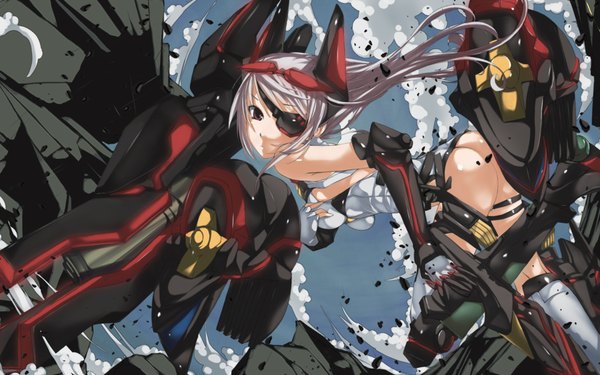 Anime picture 1680x1050 with infinite stratos 8bit laura bodewig single long hair light erotic red eyes wide image sky silver hair cloud (clouds) ass grey hair mecha musume girl bodysuit eyepatch