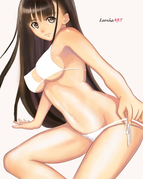 Anime picture 2000x2500 with leon-hearts single long hair tall image looking at viewer highres light erotic black hair simple background white background brown eyes girl navel swimsuit bikini