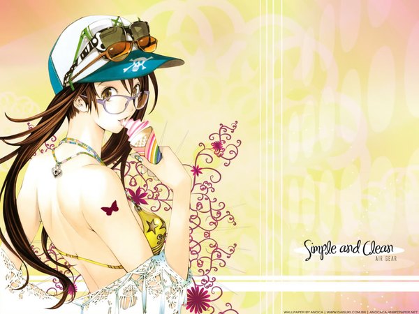 Anime picture 1024x768 with air gear toei animation noyamano ringo single long hair looking at viewer light erotic brown hair twintails brown eyes tattoo wallpaper copyright name sunglasses on head girl food sweets sunglasses bikini top ice cream