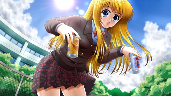 Anime picture 1365x768 with ilolamai single long hair blue eyes blonde hair wide image cloud (clouds) girl serafuku