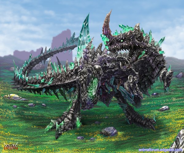 Anime picture 1344x1120 with anima wen-m green eyes tail horn (horns) field crystal monster claws