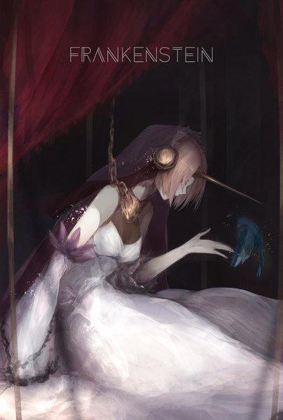 Anime picture 1381x2047 with fate (series) fate/apocrypha frankenstein's monster (fate) marumoru single tall image short hair bare shoulders pink hair indoors head tilt profile horn (horns) character names girl dress hair ornament animal white dress bird (birds)