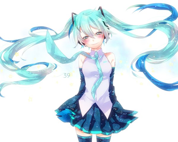 Anime picture 1250x1000 with vocaloid hatsune miku single long hair looking at viewer blush simple background standing twintails long sleeves aqua eyes aqua hair zettai ryouiki girl thighhighs skirt gloves detached sleeves shirt necktie