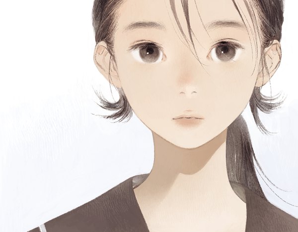 Anime picture 1287x1000 with original matayoshi single long hair looking at viewer simple background hair between eyes brown hair white background brown eyes close-up low ponytail face girl