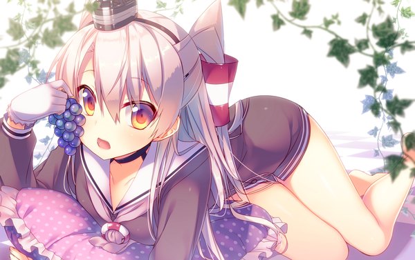 Anime picture 1200x755 with kantai collection amatsukaze destroyer tahya single long hair looking at viewer open mouth brown eyes white hair two side up girl dress gloves hat choker food white gloves pillow short dress hair tubes
