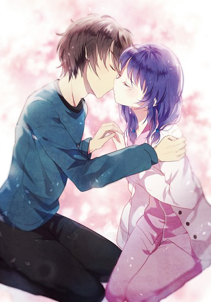 Anime picture 777x1113 with nagi no asukara p.a. works hiradaira chisaki kihara tsumugu domotolain long hair tall image short hair black hair blue hair eyes closed couple tears kiss girl boy pajamas