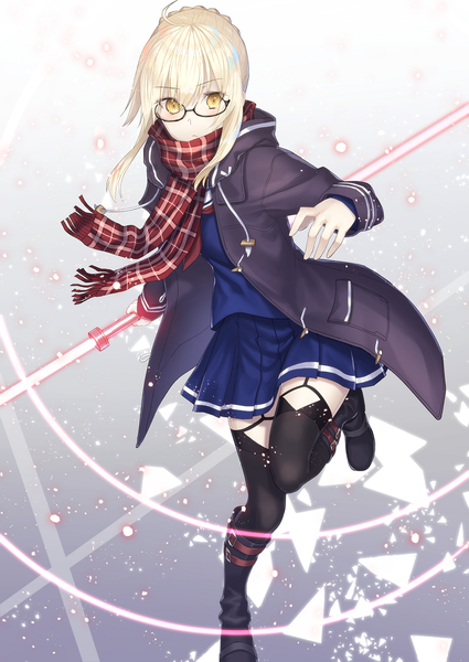 Anime picture 941x1329 with fate (series) fate/grand order artoria pendragon (all) mysterious heroine x (alter) (fate) mysterious heroine x alter (first ascension) (fate) lip-mil single long hair tall image looking at viewer blush blonde hair standing yellow eyes ahoge braid (braids) pleated skirt open jacket zettai ryouiki standing on one leg