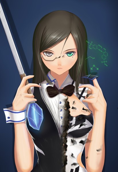 Anime picture 2716x3963 with original j orange single long hair tall image looking at viewer highres black hair heterochromia blue background girl weapon sword katana